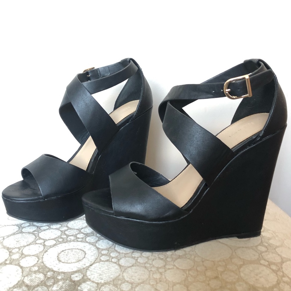 Strappey black platform wedges